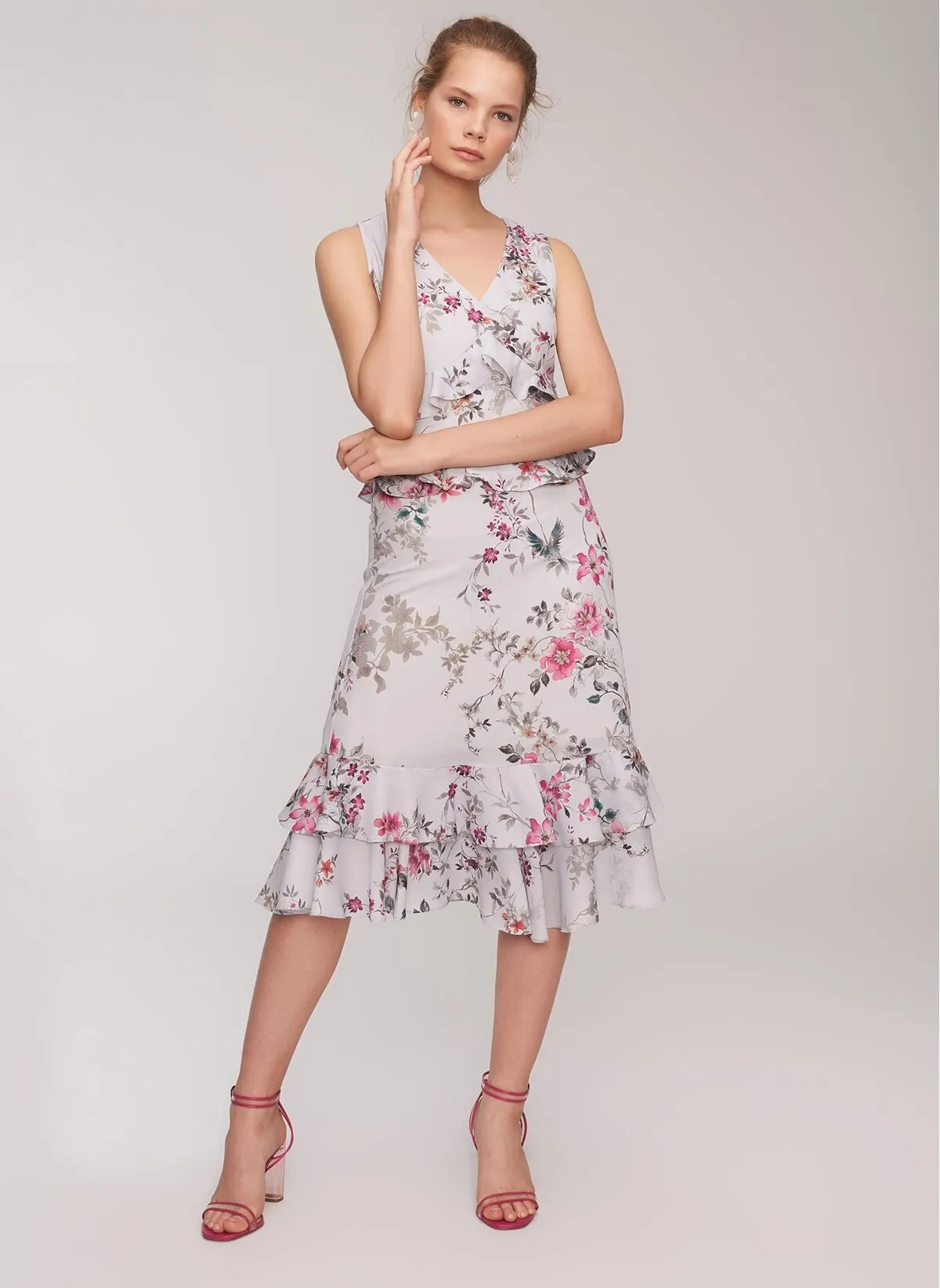 12875 Grey Frilly Floral Dress