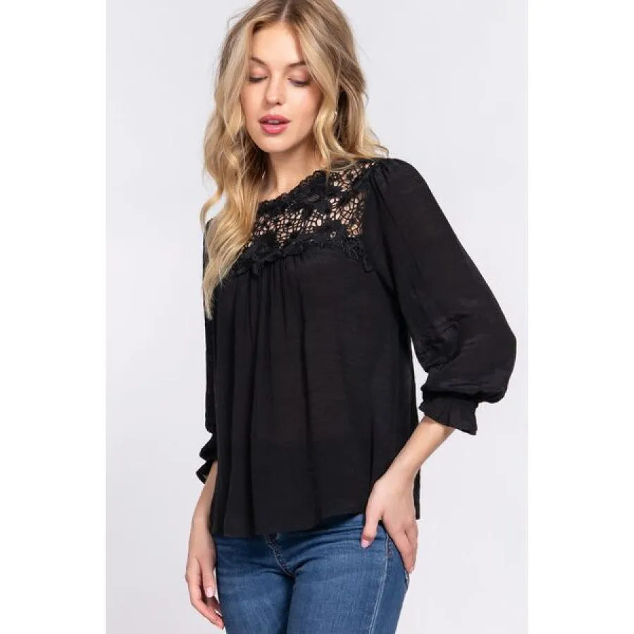 ACTIVE BASIC Crochet Lace Panel Flounce Sleeve Blouse