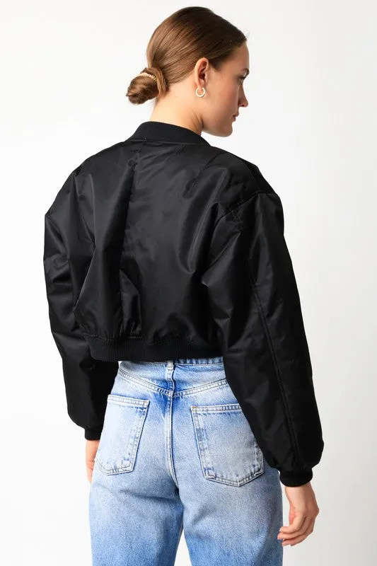 Be Back Black Satin Cropped Bomber Jacket