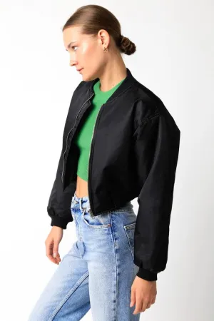 Be Back Black Satin Cropped Bomber Jacket