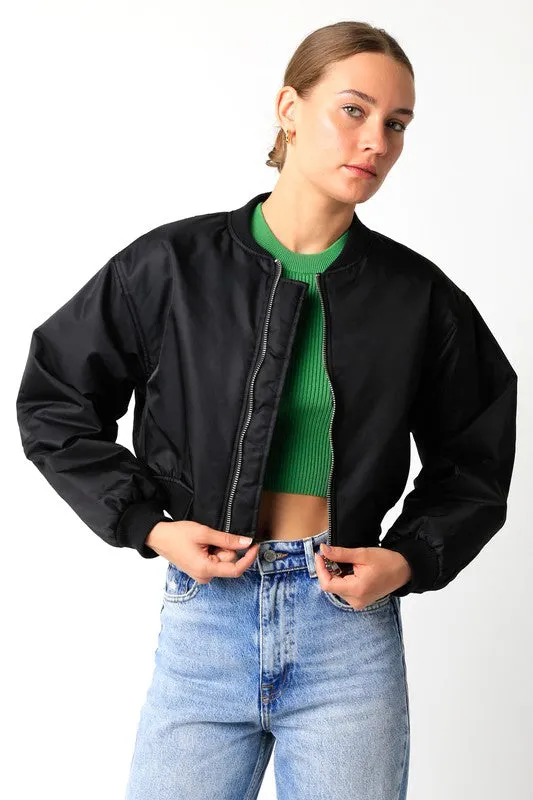 Be Back Black Satin Cropped Bomber Jacket