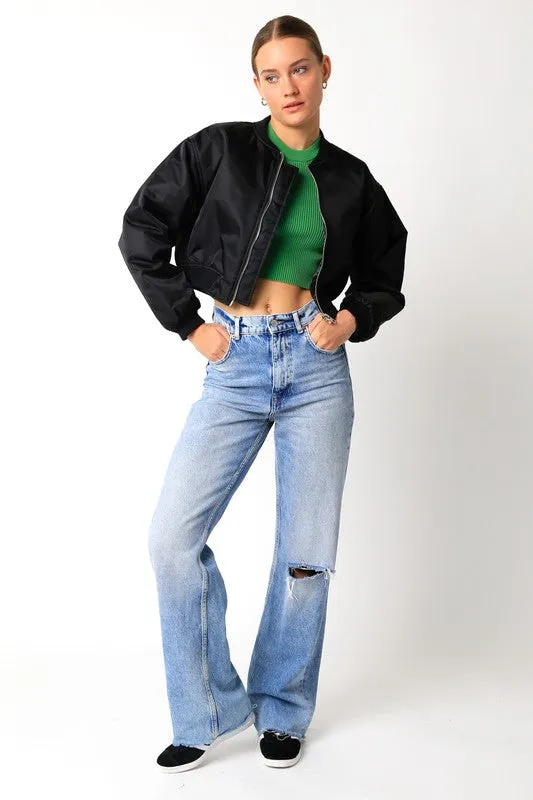 Be Back Black Satin Cropped Bomber Jacket