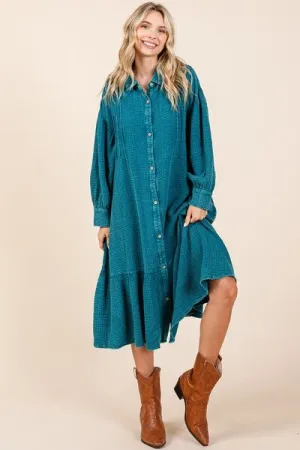 Blue Mineral Wash Cotton Gauze Ruffle Midi Shirt Dress
