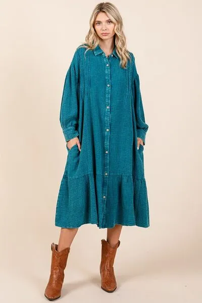 Blue Mineral Wash Cotton Gauze Ruffle Midi Shirt Dress
