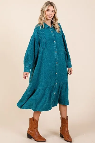 Blue Mineral Wash Cotton Gauze Ruffle Midi Shirt Dress