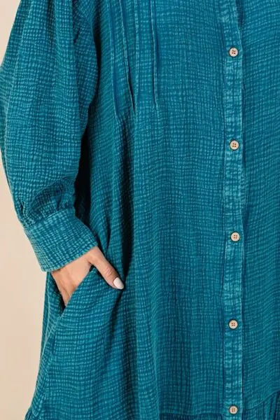 Blue Mineral Wash Cotton Gauze Ruffle Midi Shirt Dress