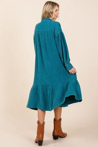 Blue Mineral Wash Cotton Gauze Ruffle Midi Shirt Dress