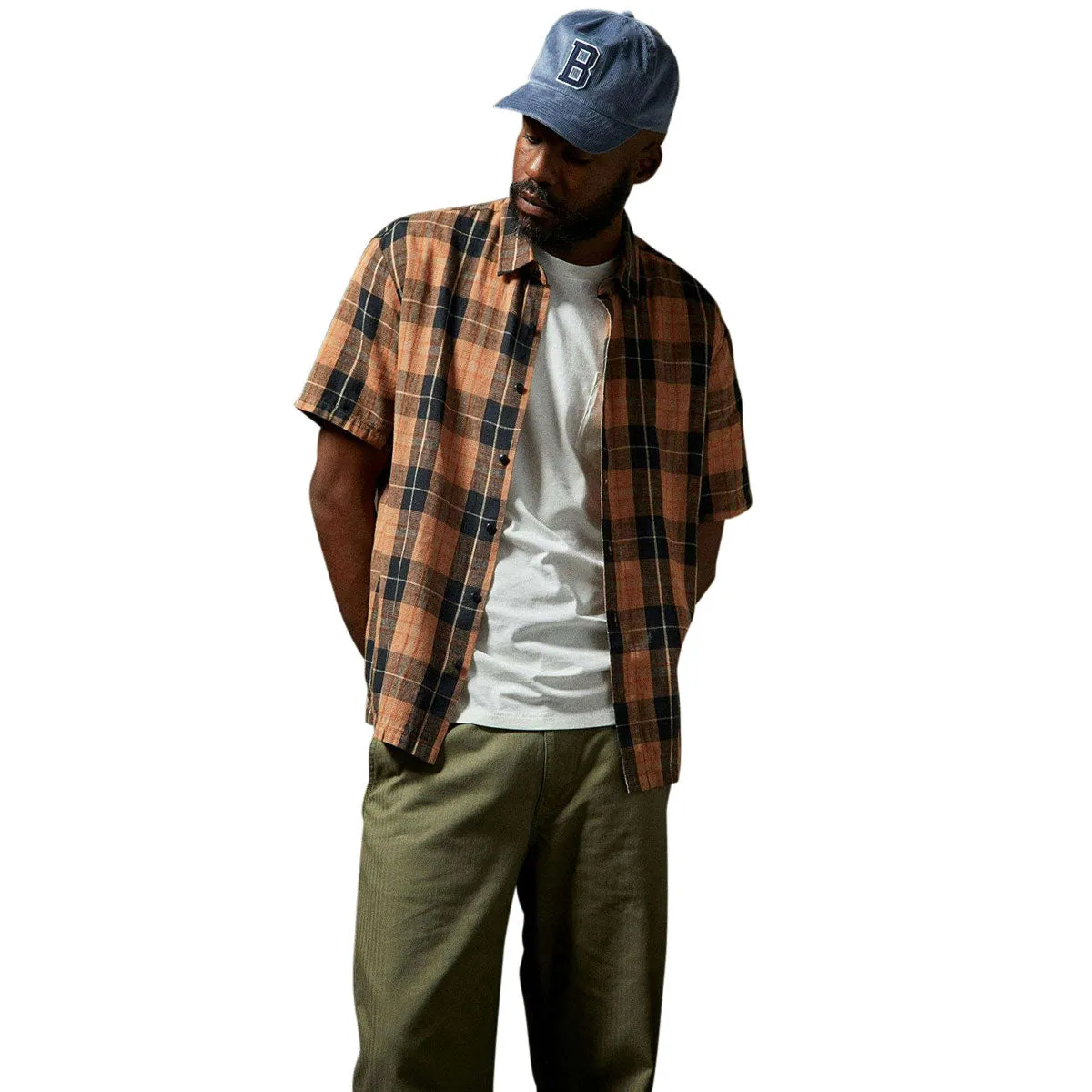 Brixton Cru Linen Blend Woven Shirt - Black/Rust Orange