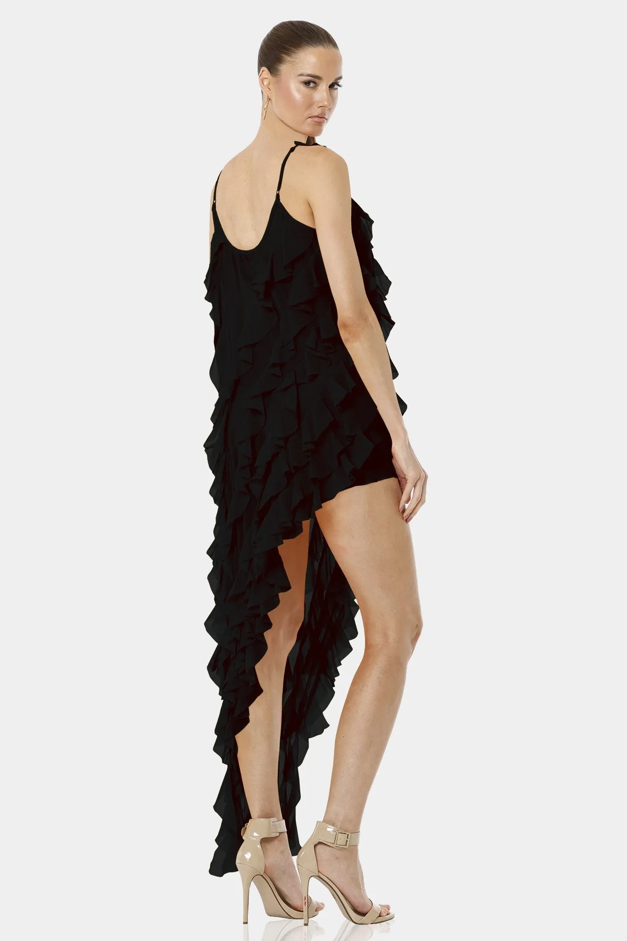 Carmen Short Sleeveless Black Ruffle Dress with Long Overlay