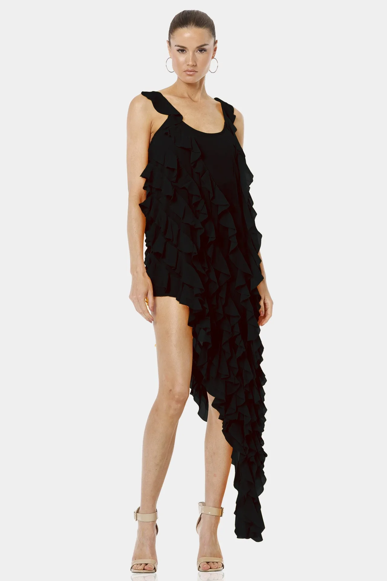 Carmen Short Sleeveless Black Ruffle Dress with Long Overlay