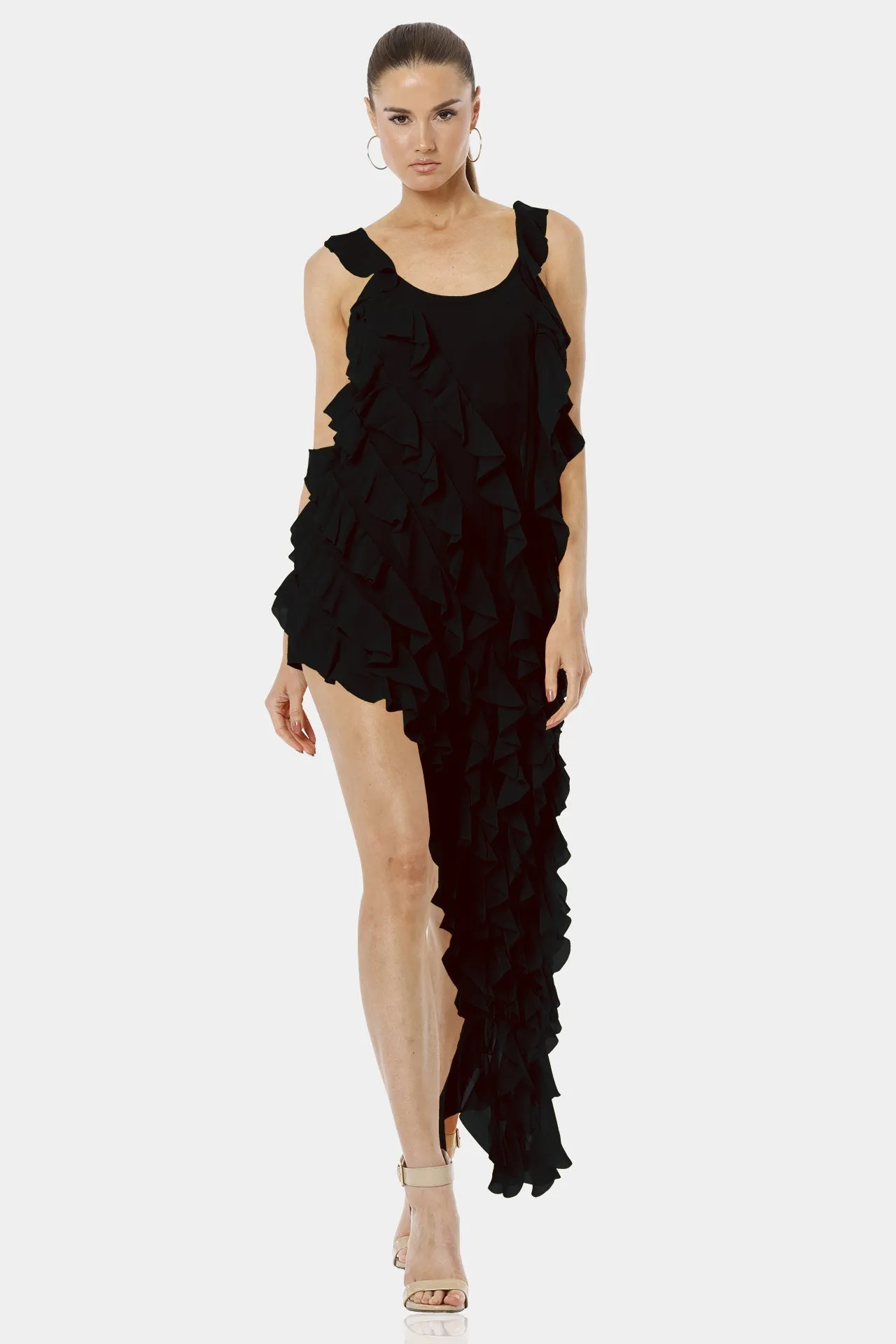 Carmen Short Sleeveless Black Ruffle Dress with Long Overlay