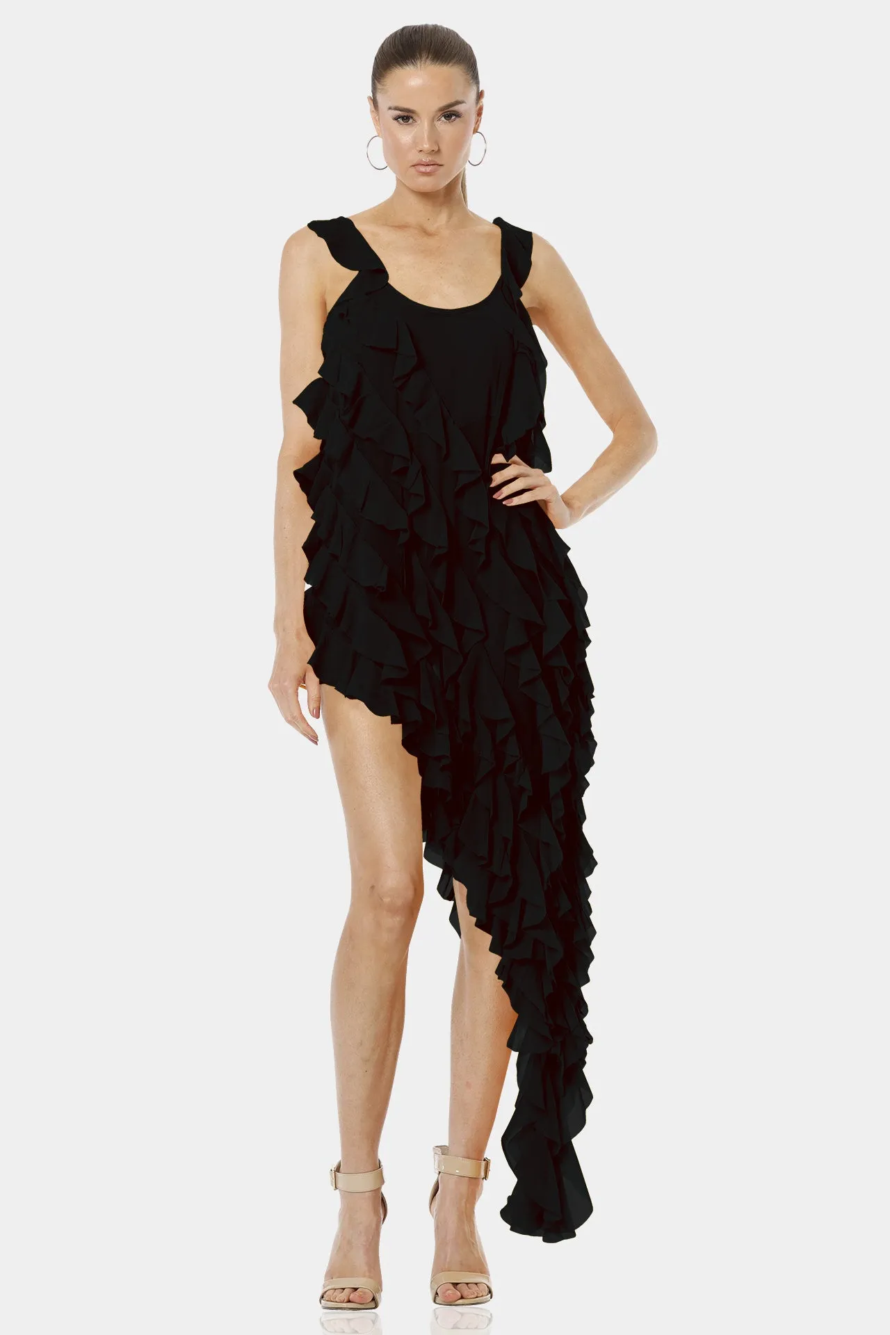 Carmen Short Sleeveless Black Ruffle Dress with Long Overlay
