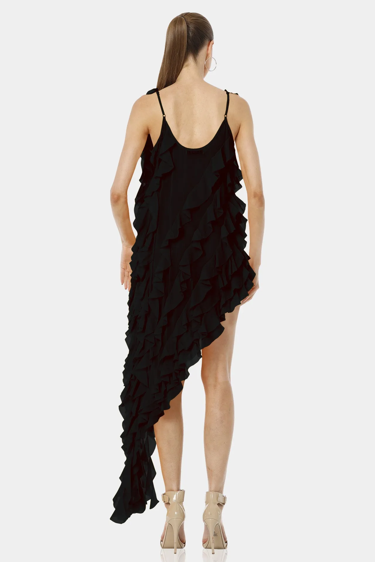 Carmen Short Sleeveless Black Ruffle Dress with Long Overlay