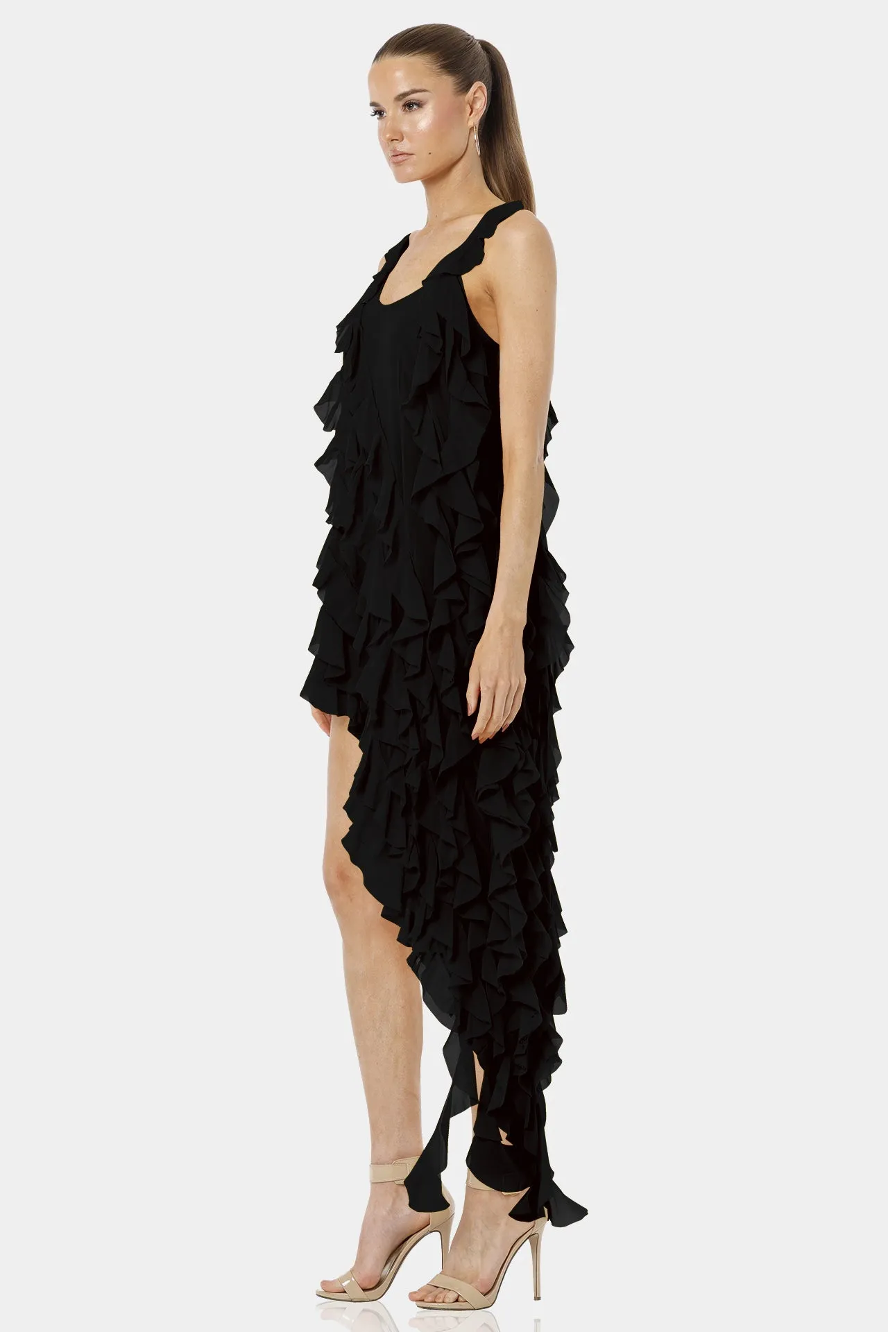 Carmen Short Sleeveless Black Ruffle Dress with Long Overlay