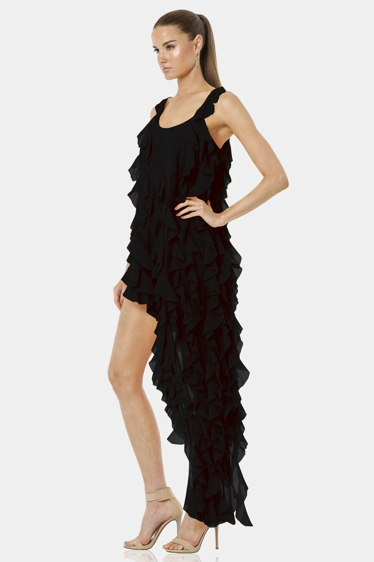 Carmen Short Sleeveless Black Ruffle Dress with Long Overlay
