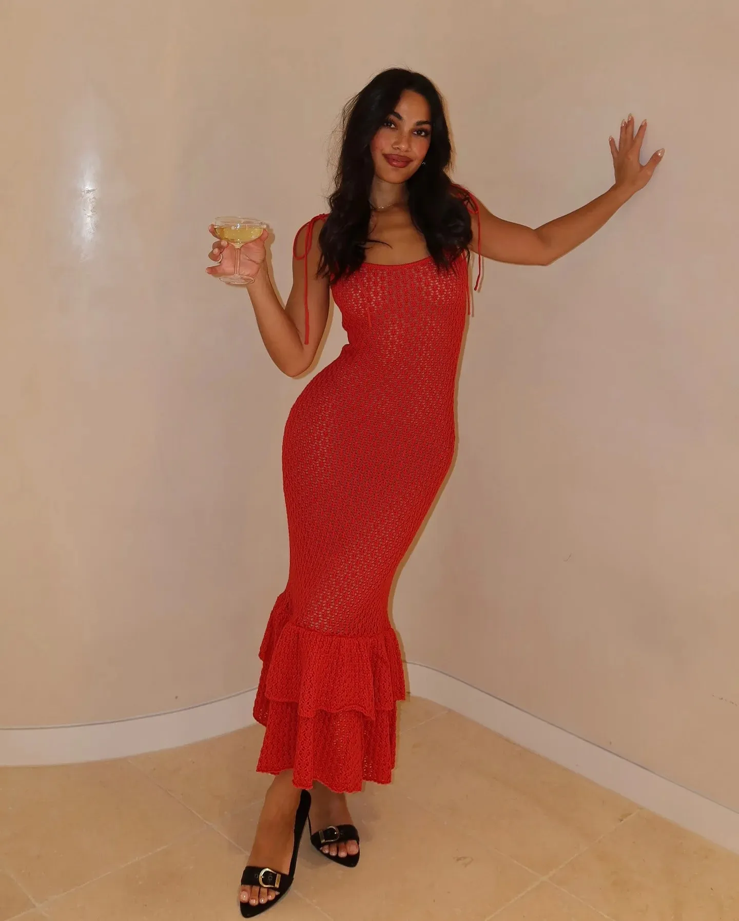 Crochet Maxi Dress with Ruffle Trim