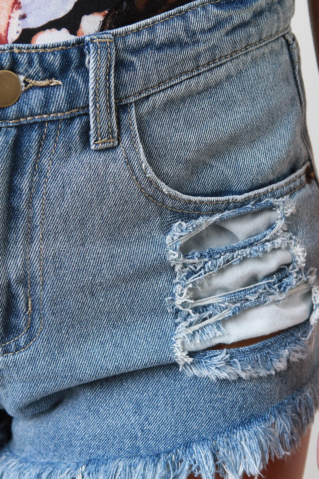 Distressed High Waist Frayed Denim Shorts