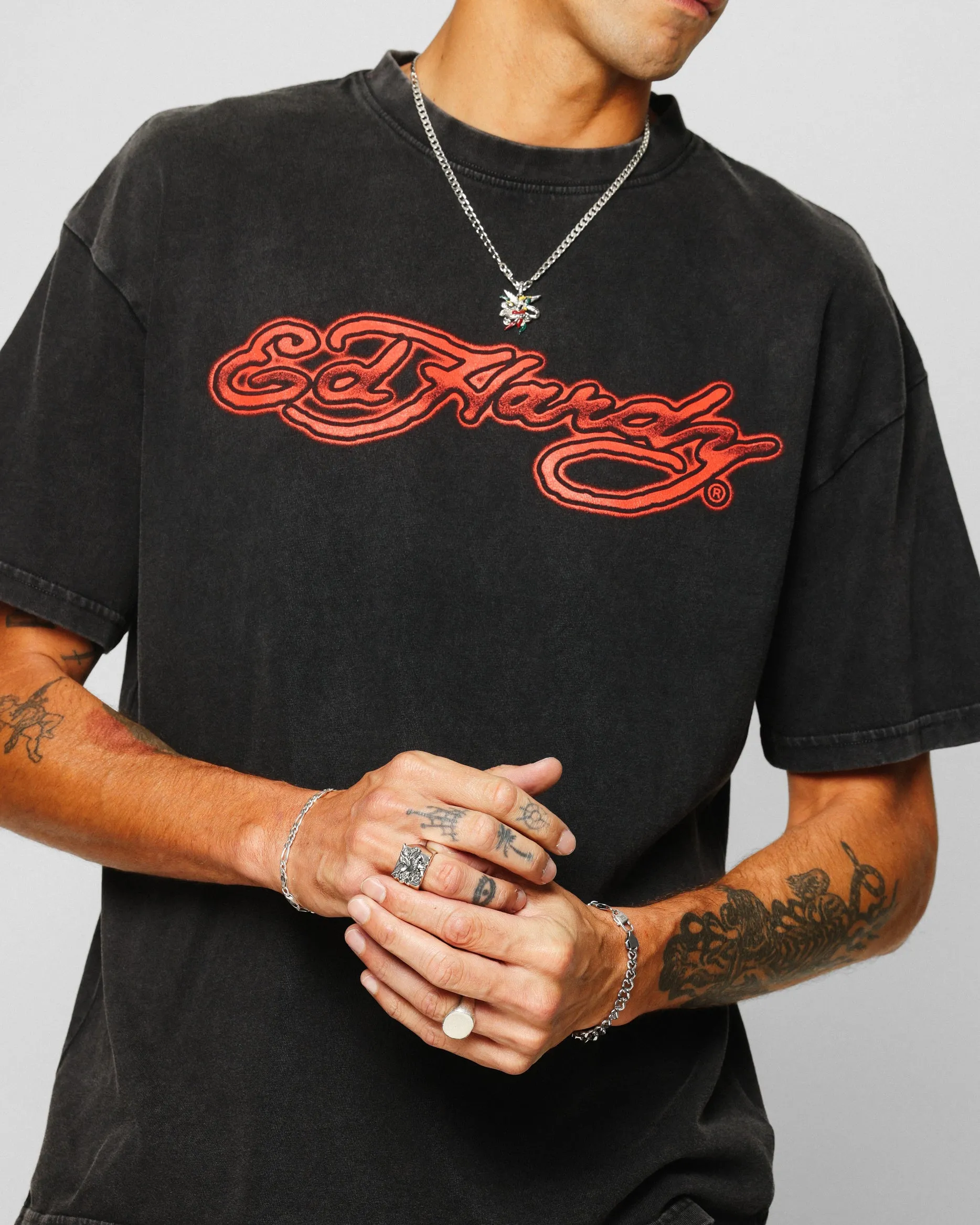 Ed Hardy Tribal T-Shirt Black Acidwash