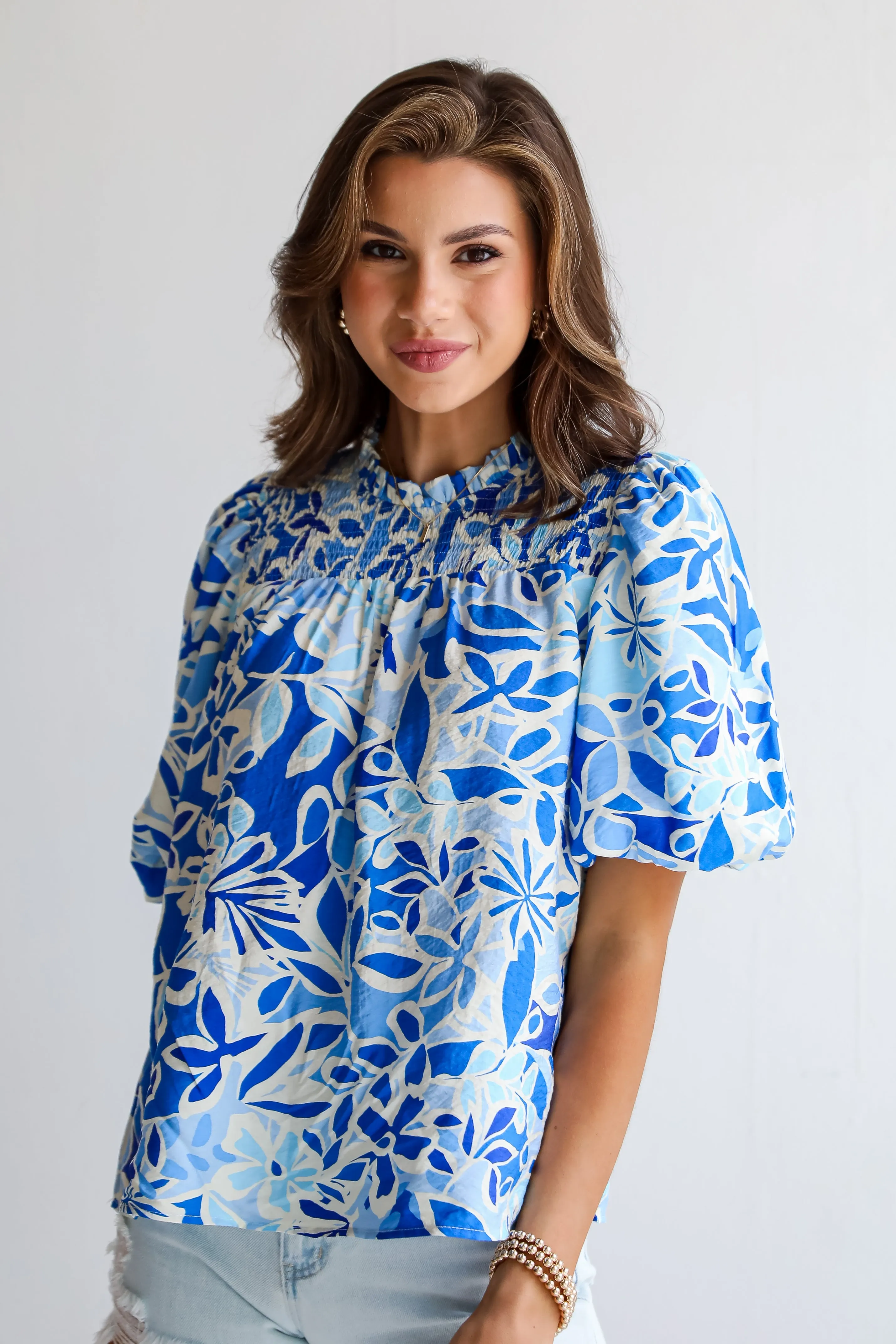Essentially Sweet Blue Floral Puff Sleeve Blouse