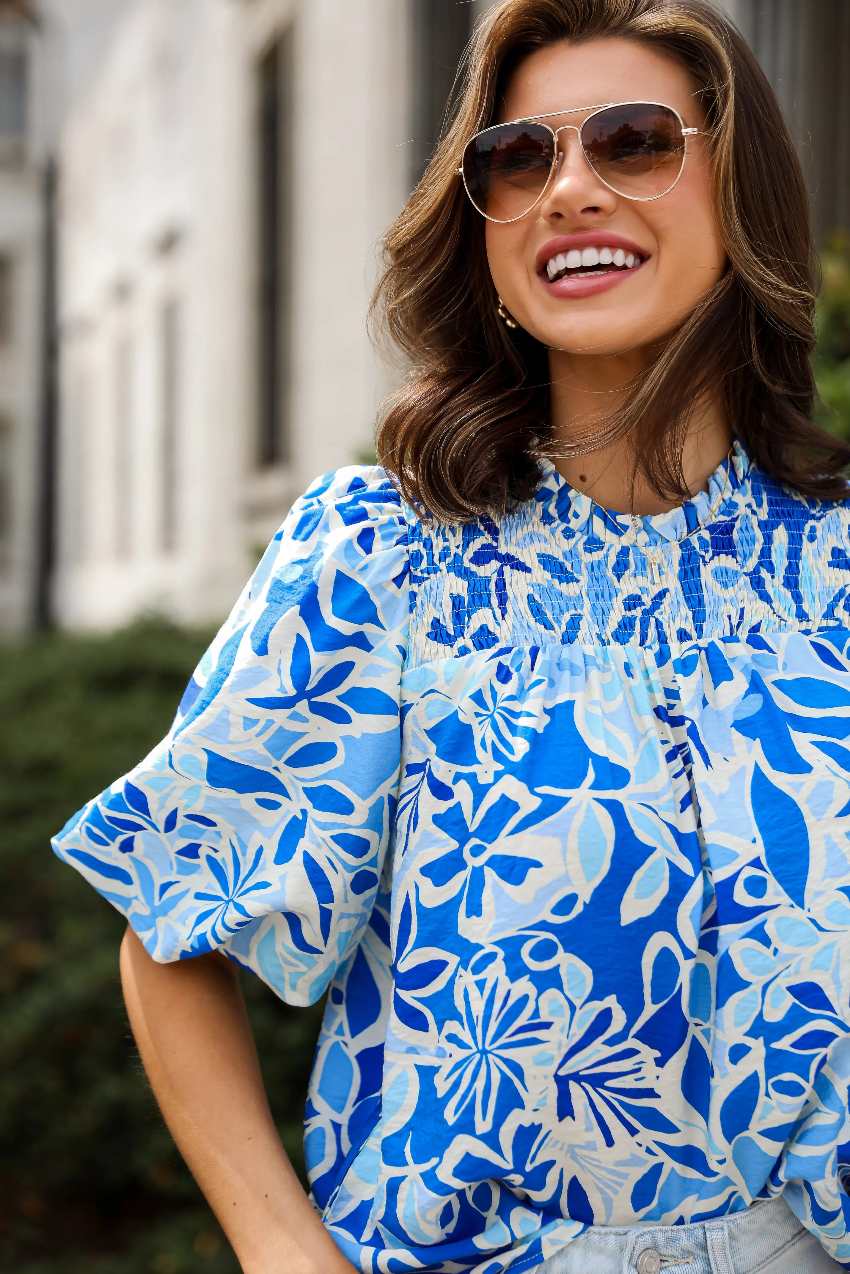 Essentially Sweet Blue Floral Puff Sleeve Blouse