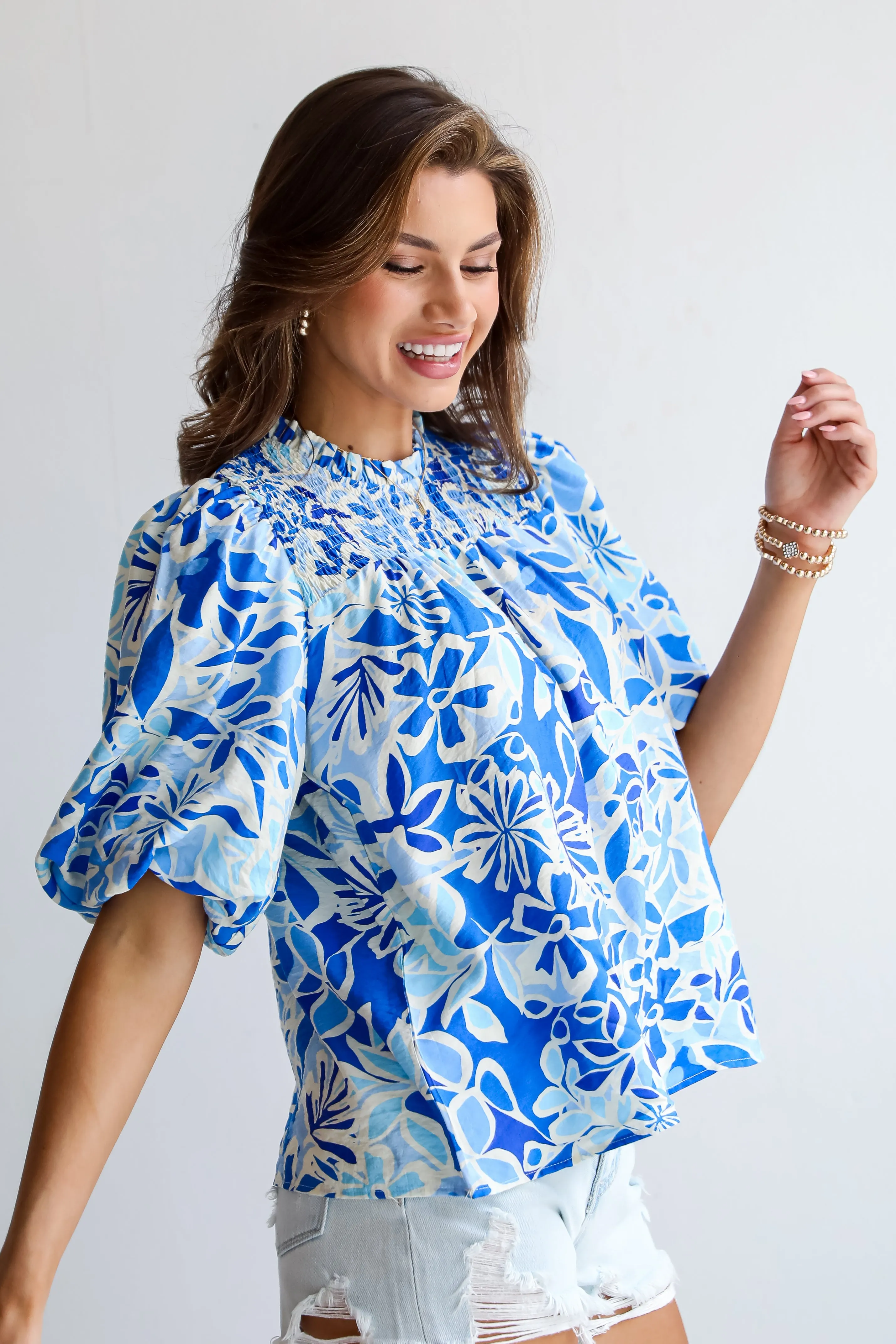 Essentially Sweet Blue Floral Puff Sleeve Blouse
