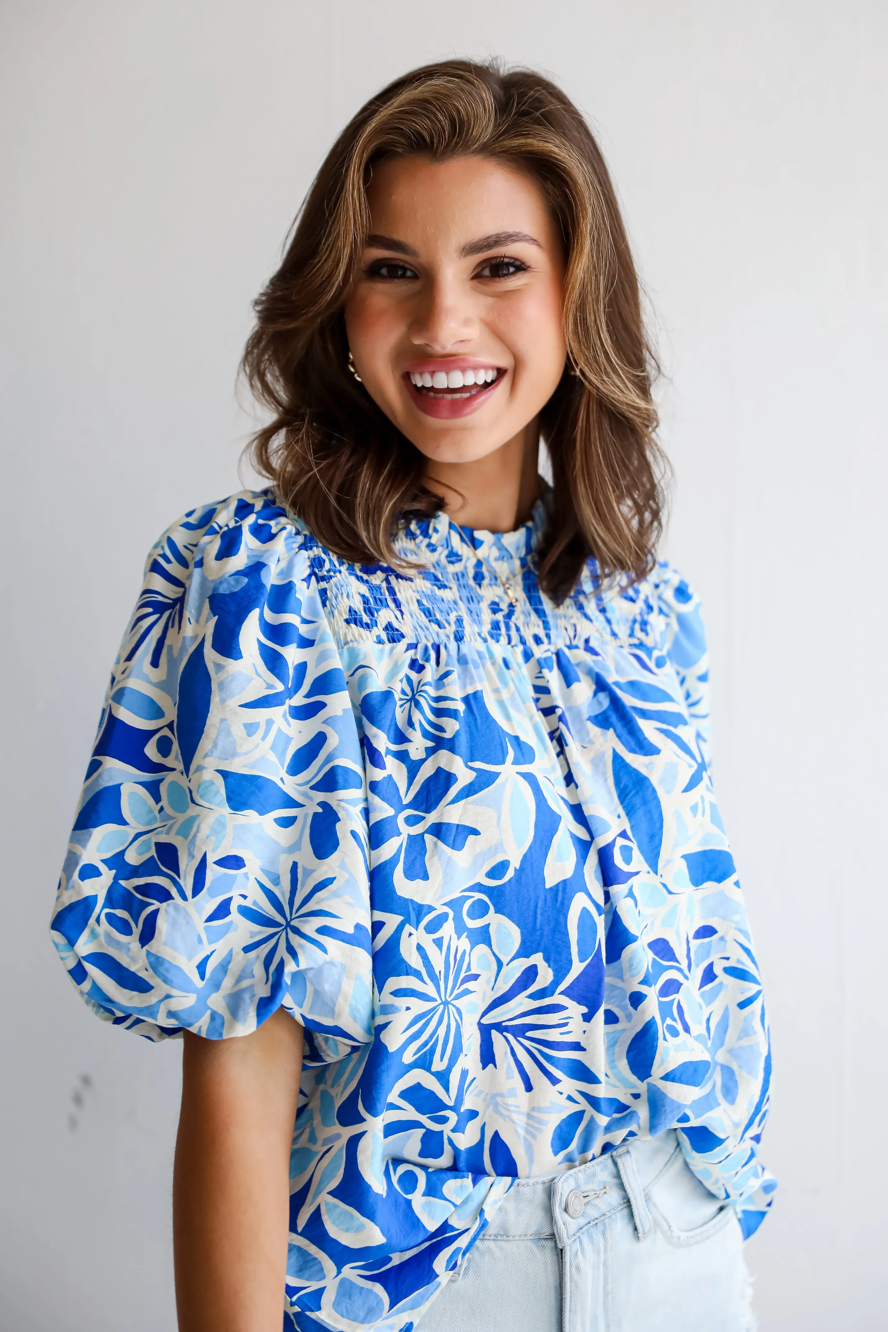 Essentially Sweet Blue Floral Puff Sleeve Blouse