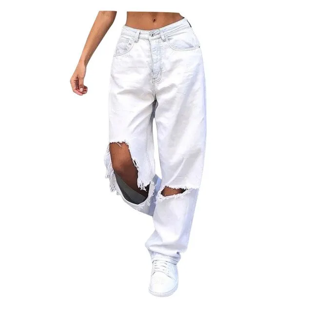 FashionSierra - High Waist Women&#39;s Jeans Retro Women Wide Leg Pants Trousers Streetwear Holes Ripped Y2K Jean Teen Girls Straight Denim Jeans