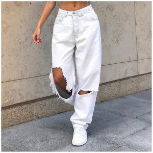 FashionSierra - High Waist Women&#39;s Jeans Retro Women Wide Leg Pants Trousers Streetwear Holes Ripped Y2K Jean Teen Girls Straight Denim Jeans