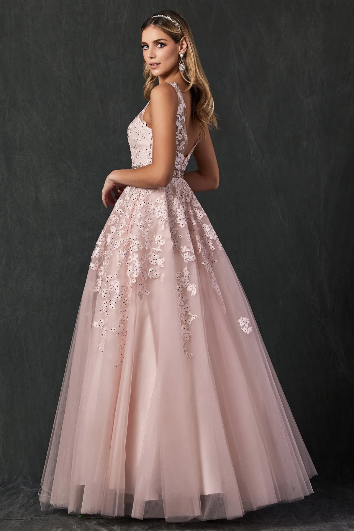 Floral Applique V-Neck Tulle Gown by Juliet 224
