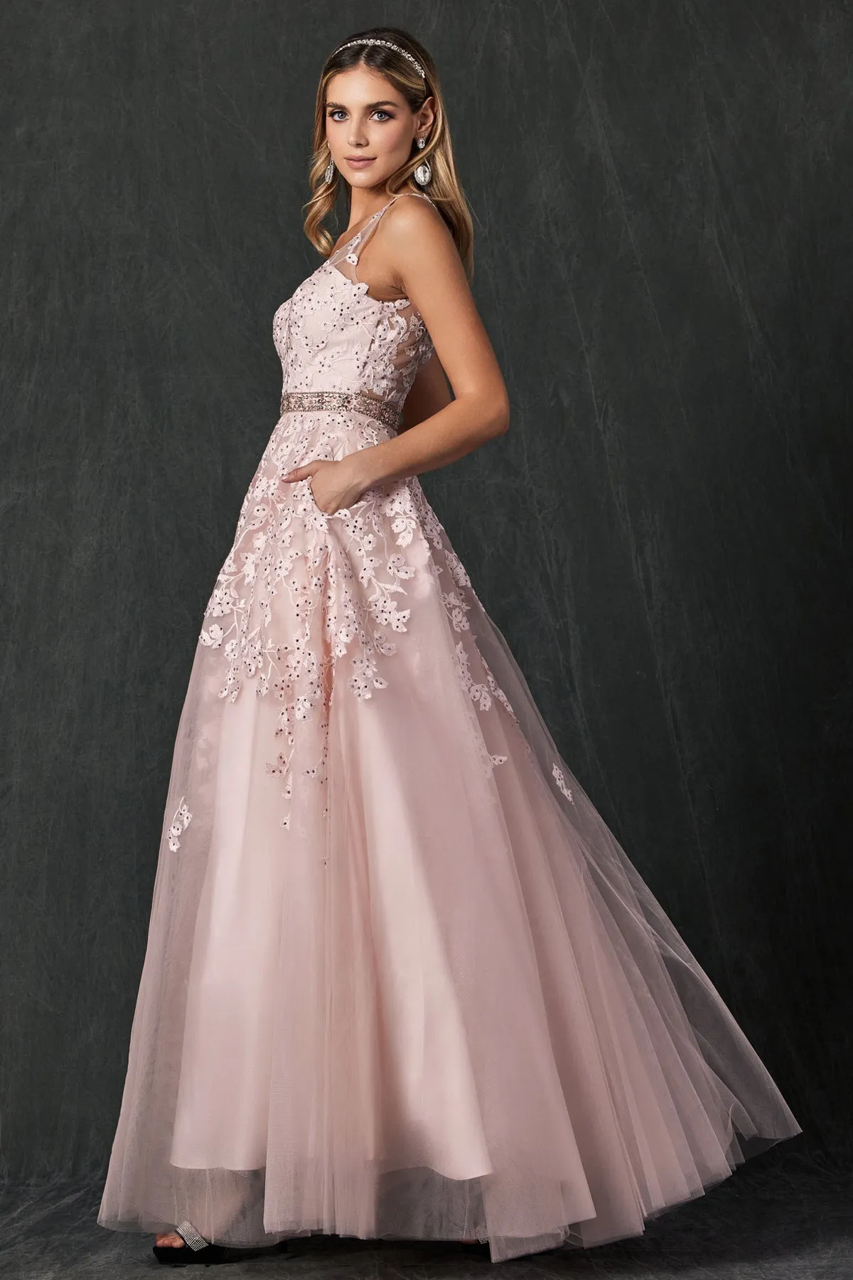 Floral Applique V-Neck Tulle Gown by Juliet 224