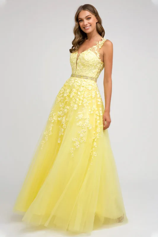 Floral Applique V-Neck Tulle Gown by Juliet 224