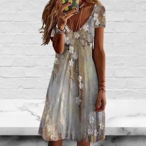 Floral Printed Deep V Neck Short Sleeves Dress