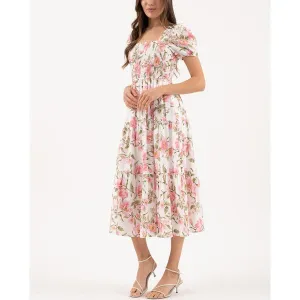 FLORAL SMOCKED BUST SHORT SLEEVE MIDI DRESS