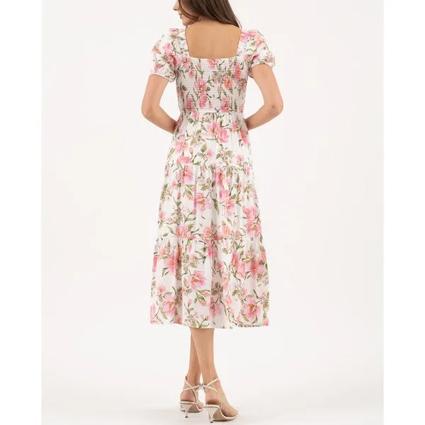 FLORAL SMOCKED BUST SHORT SLEEVE MIDI DRESS