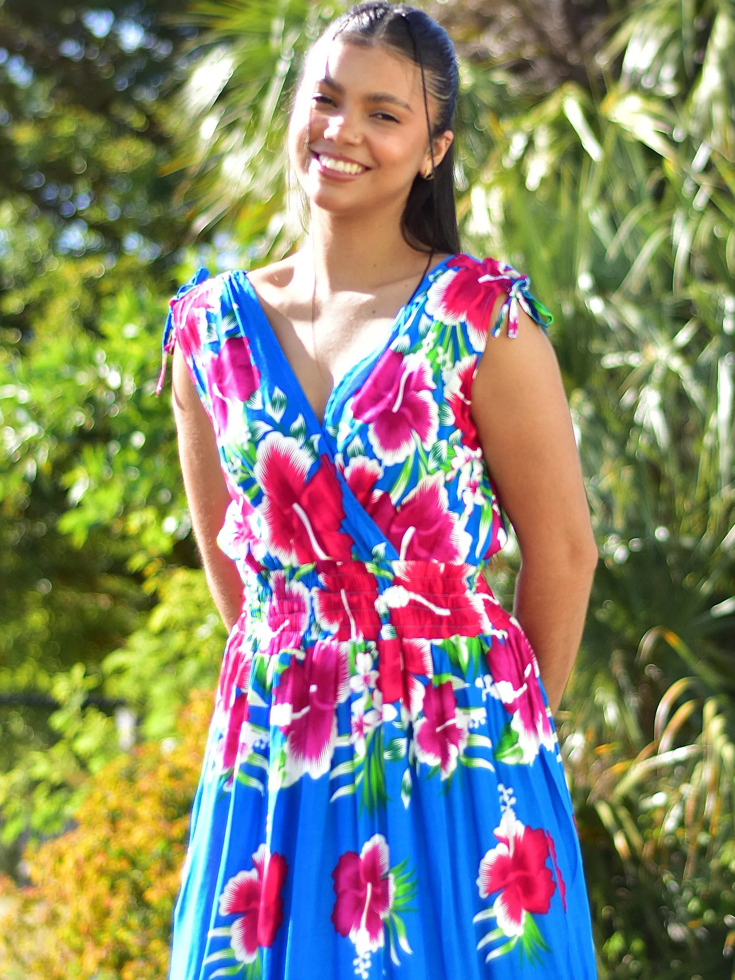 Hawaiian Boho Bright Floral Sleeveless V-Neck Wrap Long Sundress TH Hula B