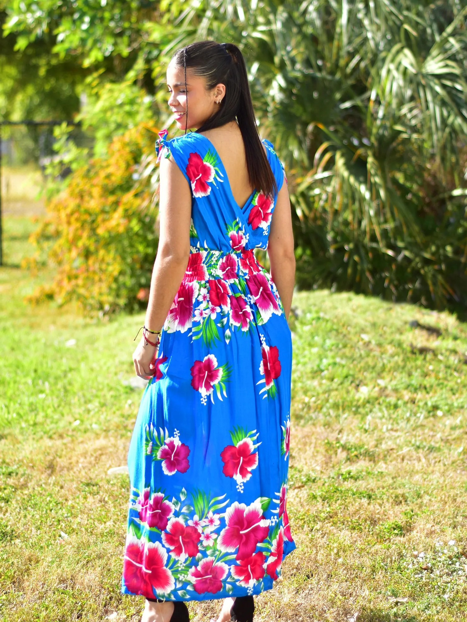 Hawaiian Boho Bright Floral Sleeveless V-Neck Wrap Long Sundress TH Hula B