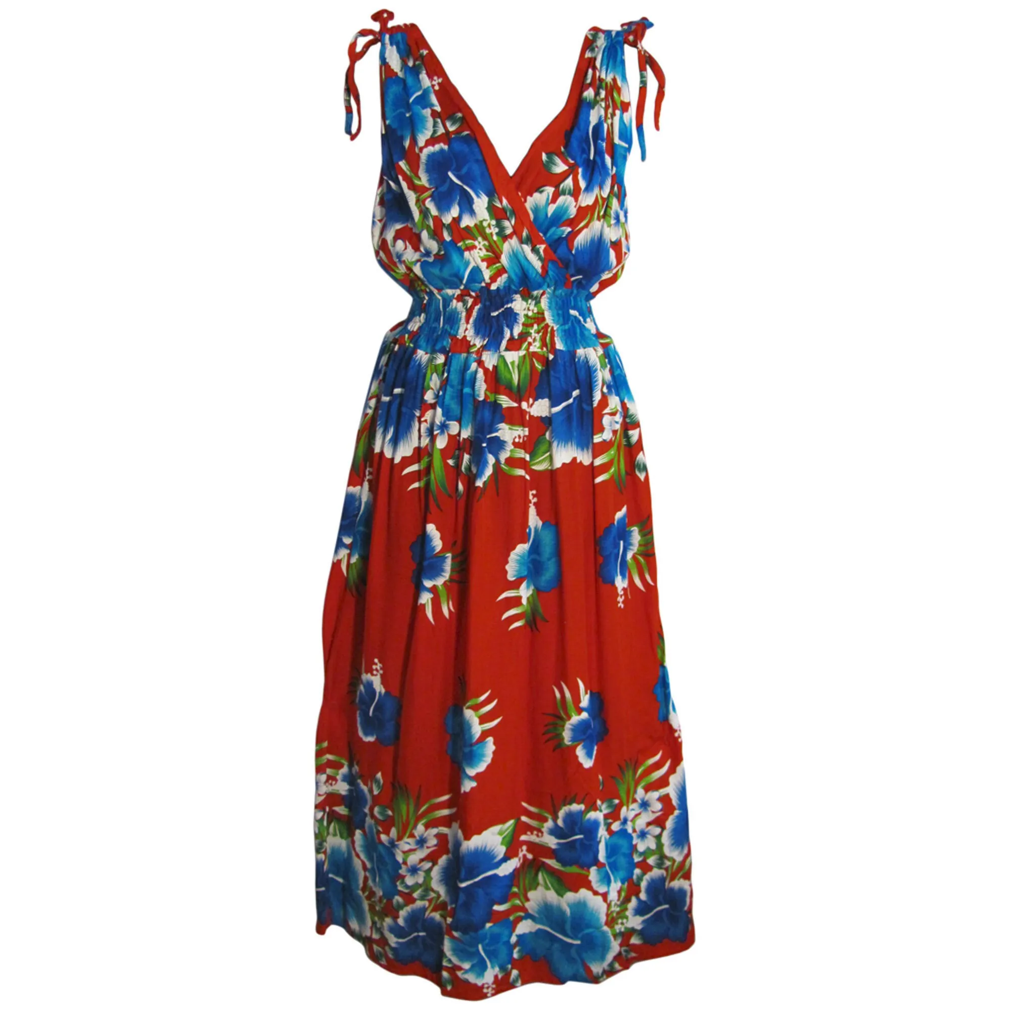 Hawaiian Boho Bright Floral Sleeveless V-Neck Wrap Long Sundress TH Hula B