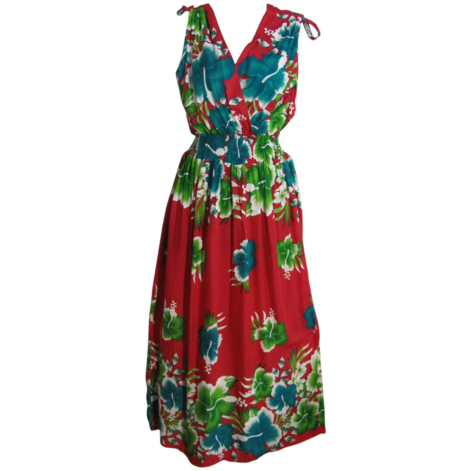 Hawaiian Boho Bright Floral Sleeveless V-Neck Wrap Long Sundress TH Hula B