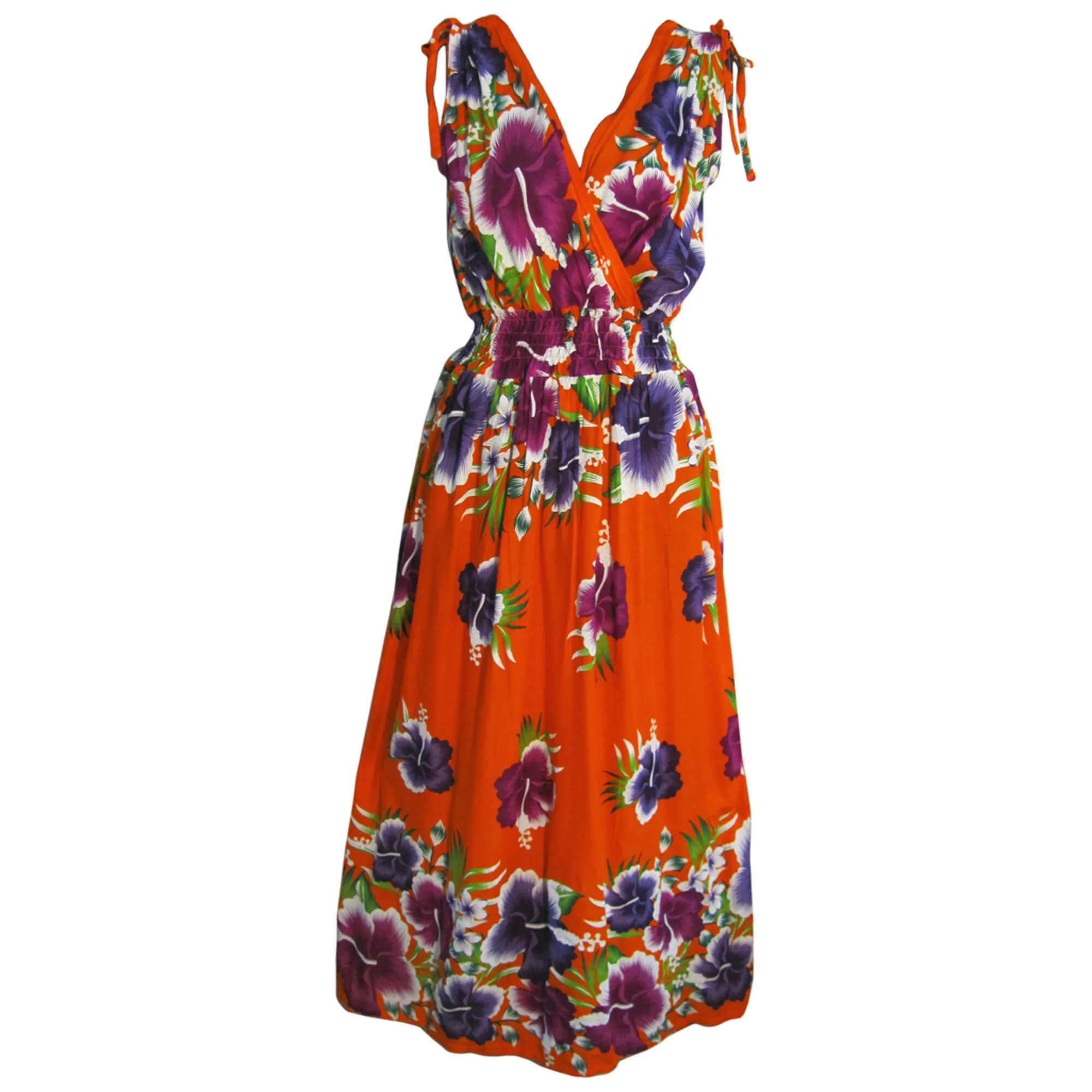 Hawaiian Boho Bright Floral Sleeveless V-Neck Wrap Long Sundress TH Hula B