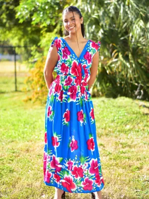 Hawaiian Boho Bright Floral Sleeveless V-Neck Wrap Long Sundress TH Hula B