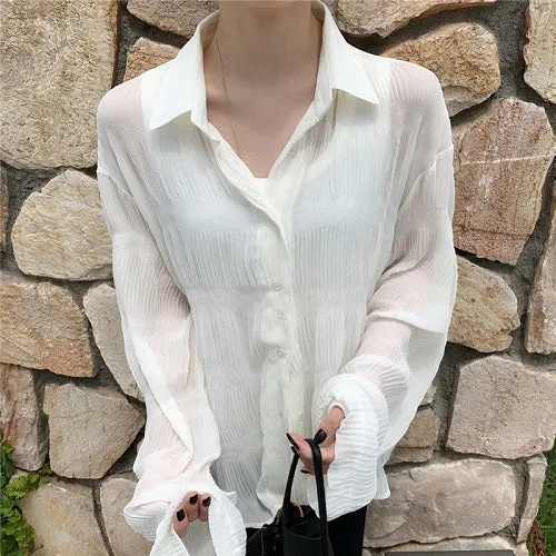 [Korean Style] Creese See-through Ruffle Button Down