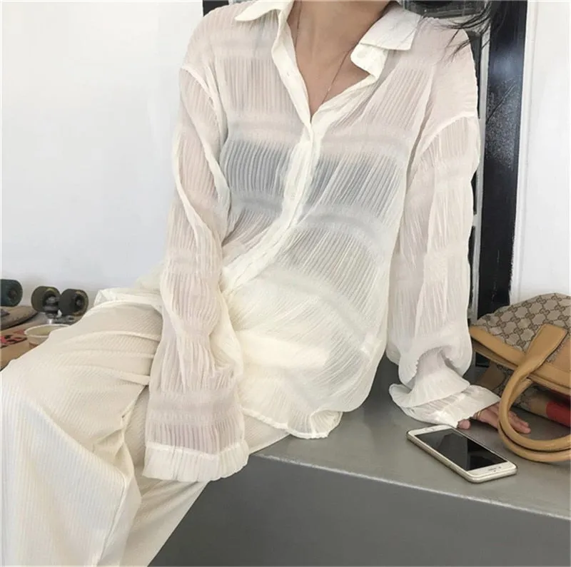[Korean Style] Creese See-through Ruffle Button Down