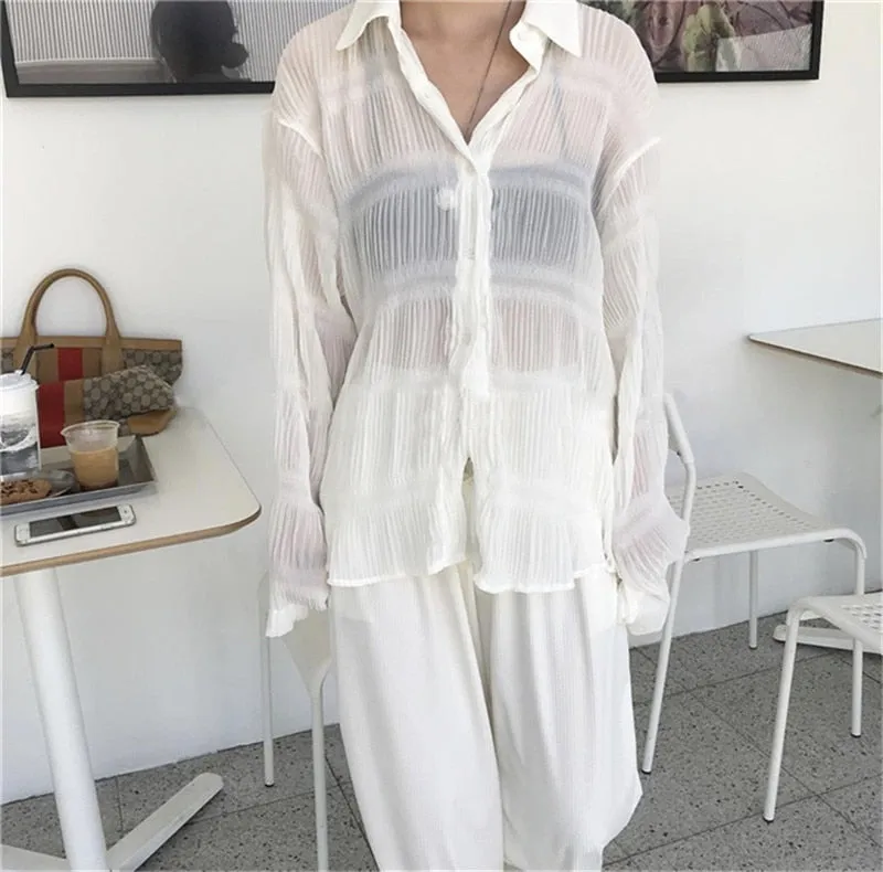 [Korean Style] Creese See-through Ruffle Button Down