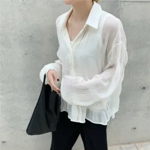 [Korean Style] Creese See-through Ruffle Button Down