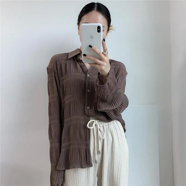 [Korean Style] Creese See-through Ruffle Button Down