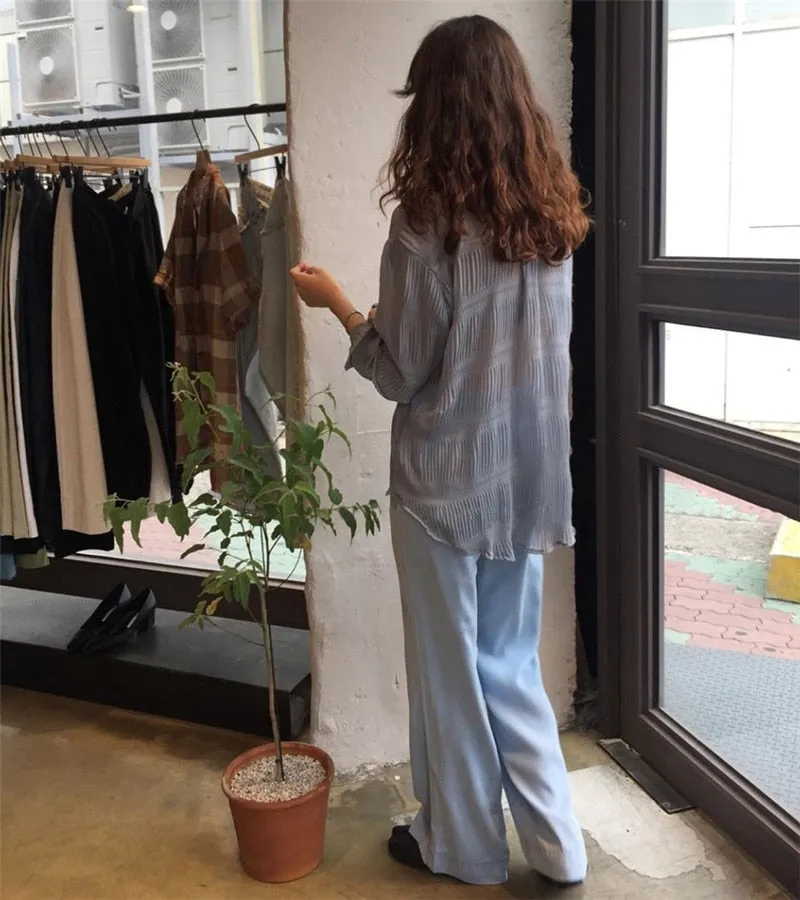 [Korean Style] Creese See-through Ruffle Button Down