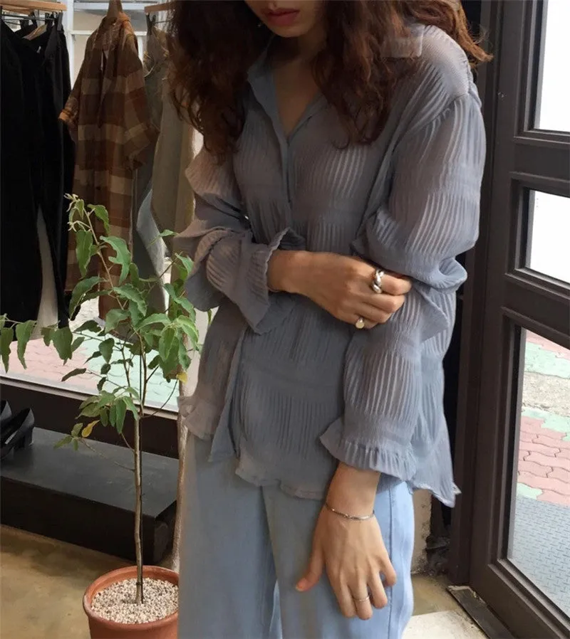 [Korean Style] Creese See-through Ruffle Button Down