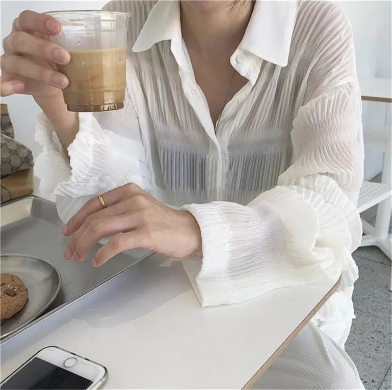 [Korean Style] Creese See-through Ruffle Button Down