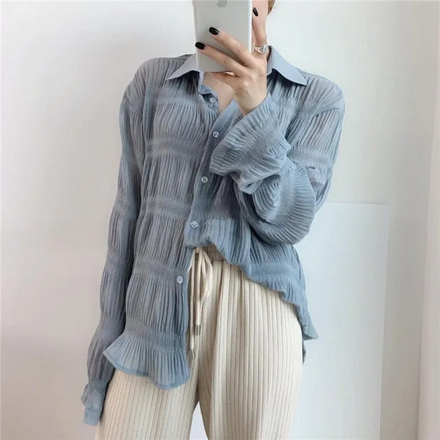 [Korean Style] Creese See-through Ruffle Button Down
