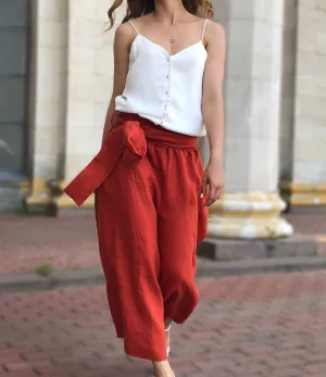 Linen Women Trousers Wide Waistband - Elastic Waist and Wide Leg - Available in Green, Blue, Black, Rose Colours